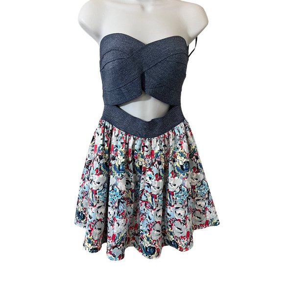 Love Culture Denim Tube Fit and flare Floral Cutout Mini Large Dress - Picture 3 of 8